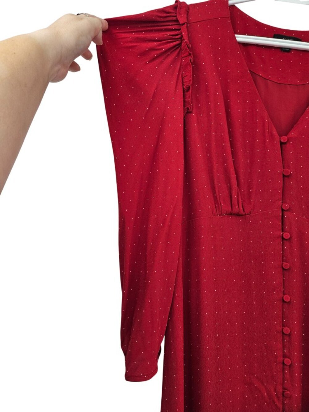 J. Crew Puff Sleeve Midi Dress In Pin Dot Red Women's Size 12 Button Front Party - Picture 6 of 13